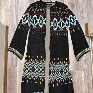Bohemian Black and Multicolor Patterned Long Cardigan